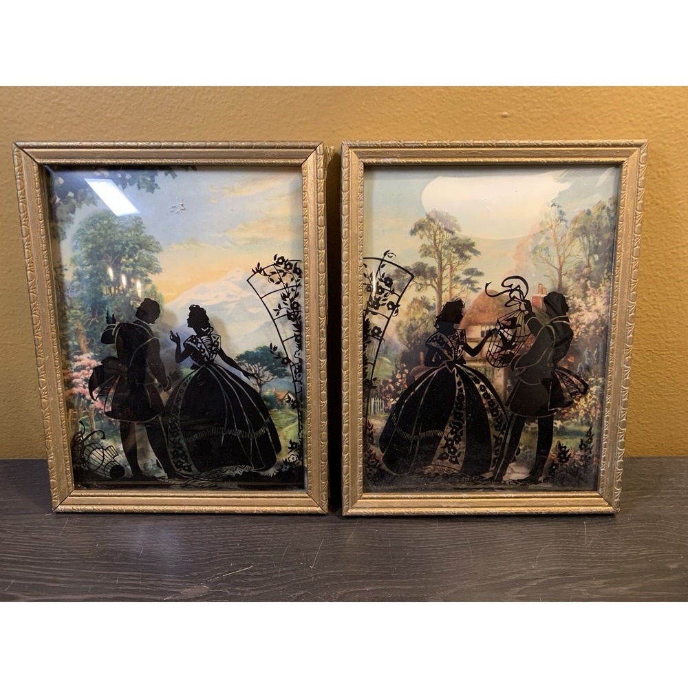 Vintage Set Reverse Painted Silhouette Victorian Couple Convex Bubble Glass 8x6